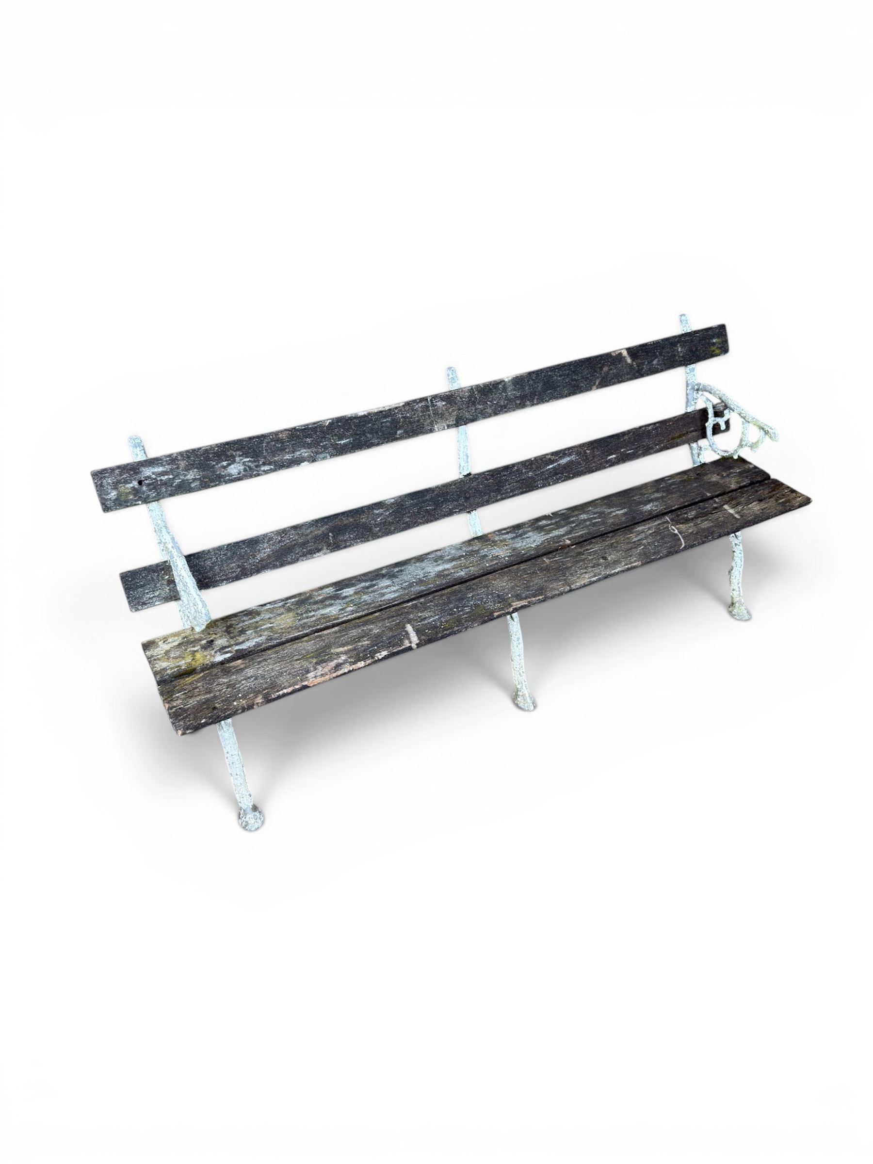 Early 20th century three section cast metal and wood slatted garden bench