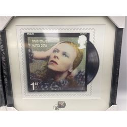 Set of four Royal Mail David Bowie limited edition album stamp prints, comprising Heroes, Ziggy Stardust Tour, Hunky Dory and Let's Dance, all framed and in original packaging, H43cm W43cm