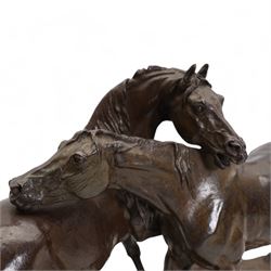 After Pierre-Jules Mene (1810-1879) - 'L'Accolade' (The Embrace) a bronze group of two horses with their necks crossed standing on a shaped oval base signed 'P J Mene' H36cm x W51cm