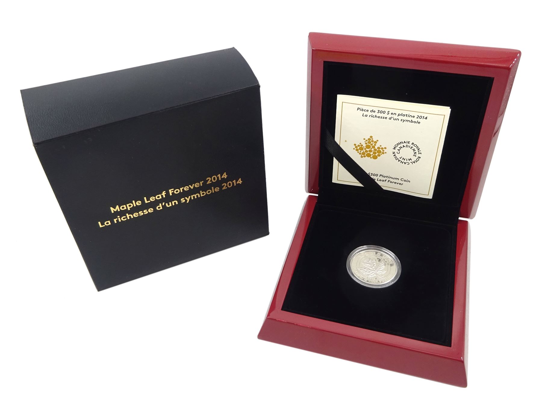 Queen Elizabeth II Royal Canadian Mint 'Maple Leaf Forever', 300 dollars 1oz platinum coin, dated 2014, cased with certificate
