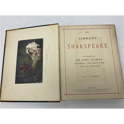 The Library Shakspeare Illustrated by Sir John Gilbert, George Cruikshank and R. Dudley with laid-in colour plates, three volumes, uniformly bound in half leather with a.e.g.