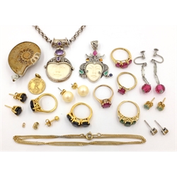  Silver-gilt stone set rings, silver mask pendant set with amethysts on necklace chain, similar pendant, silver mounted ammonite pendant all hallmarked, stamped 925 or tested and other costume jewellery  