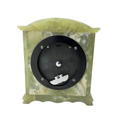 Elliot - English 20th century timepiece mantle clock in a green Onyx case, brass dial with spandrels, pierced steel hands, engraved centre and silvered chapter ring, retailed by Owen  & Robinson Leeds, integral key, wound and set from the rear.