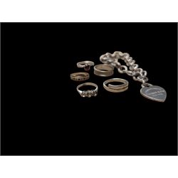 9ct gold stone set ring and silver jewellery including coin brooch, bracelet, three stone set rings and one other