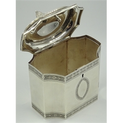  George III silver tea caddy, neo-classical design with bright cut decoration, hinged lid and pineapple finial by John Robins, London 1790, H15cm, approx 16oz. Provenance Property of Bob Heath, Brandesburton Formerly of Ravenfield Hall Farm near Rotherham   
