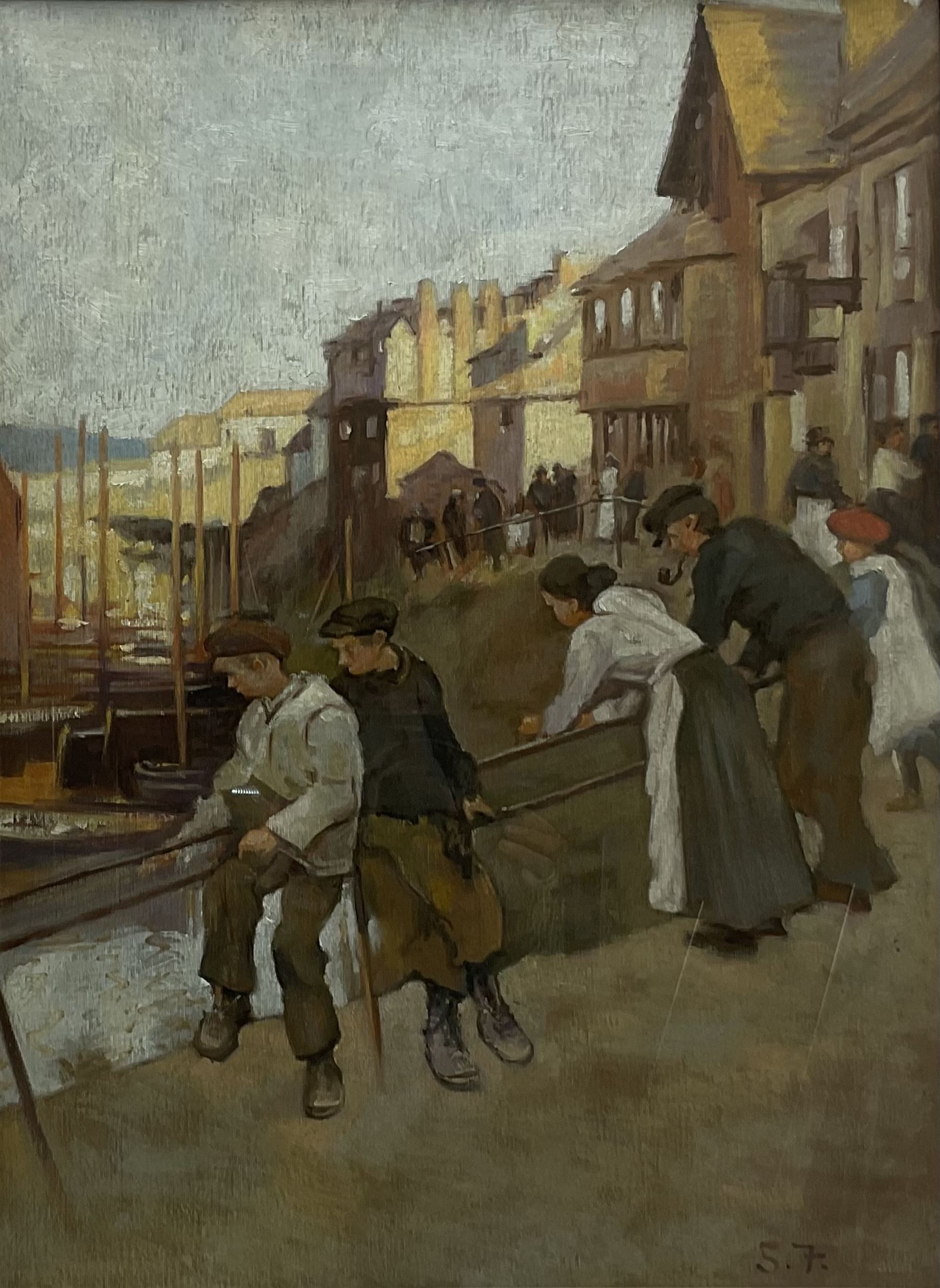 After Stanhope Alexander Forbes (Newlyn School 1857-1947): Figures looking over the Harbour, oil on canvas board bears initials 69cm x 51cm