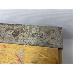 Coal bucket painted with flowers together with pair of bellows, boot scraper in the form of a beetle, wooden guillotine, composite table lamp with tassel lampshade and one other