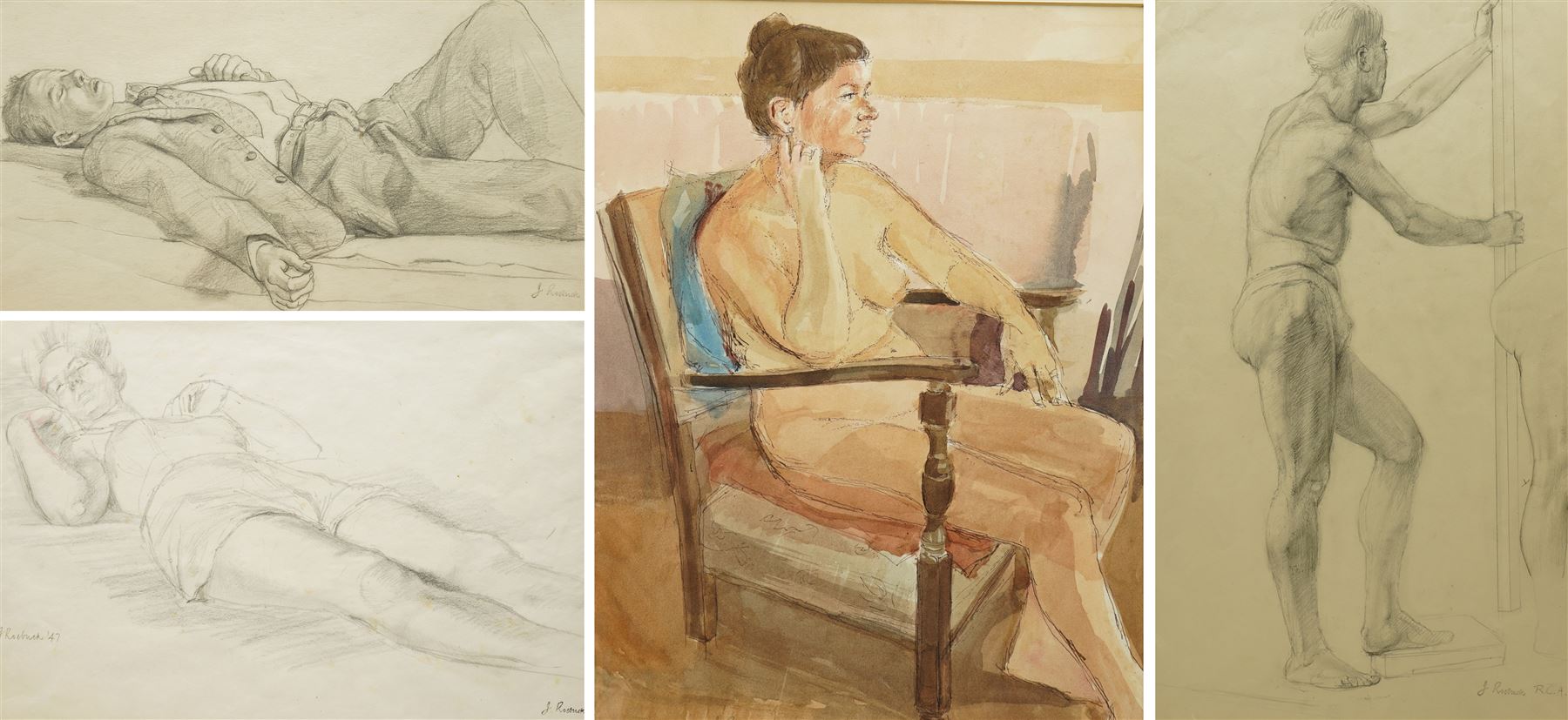 Julian Roebuck (British 1915-1991): Portrait of a Girl Seated and Life Studies, watercolour and three pencil sketches signed in pencil max 37cm x 28cm (unframed)