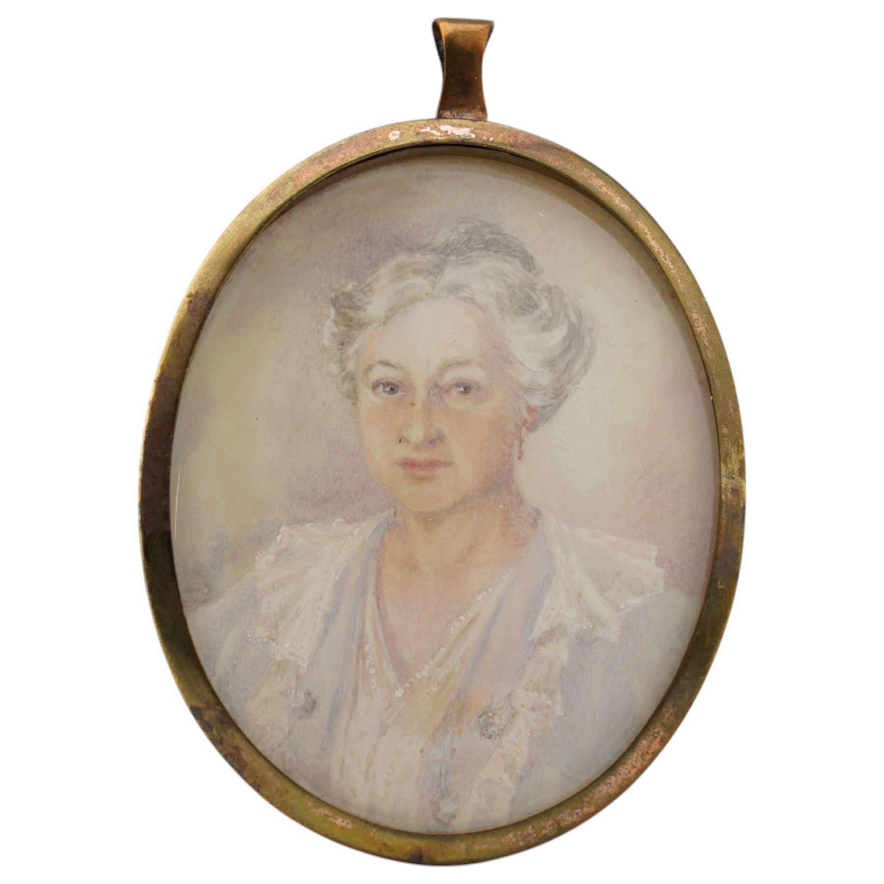 English School (Early 20th Century): Portrait of an Elderly Lady in a Blue Dress with Lace, miniature watercolour on ivory unsigned, miniature 6cm x 5cm, overall 8cm x 5.5cm This item has been registered for sale under Section 10 of the APHA Ivory Act