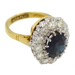 18ct gold and platinum oval sapphire and round brilliant cut diamond cluster ring, stamped, sapphire approx 2.80 carat, total diamond weight approx 1.00 carat and a 9ct gold band, hallmarked