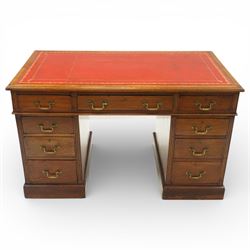 Late 19th century mahogany writing desk, inset leather top, fitted with nine drawers, bras...
