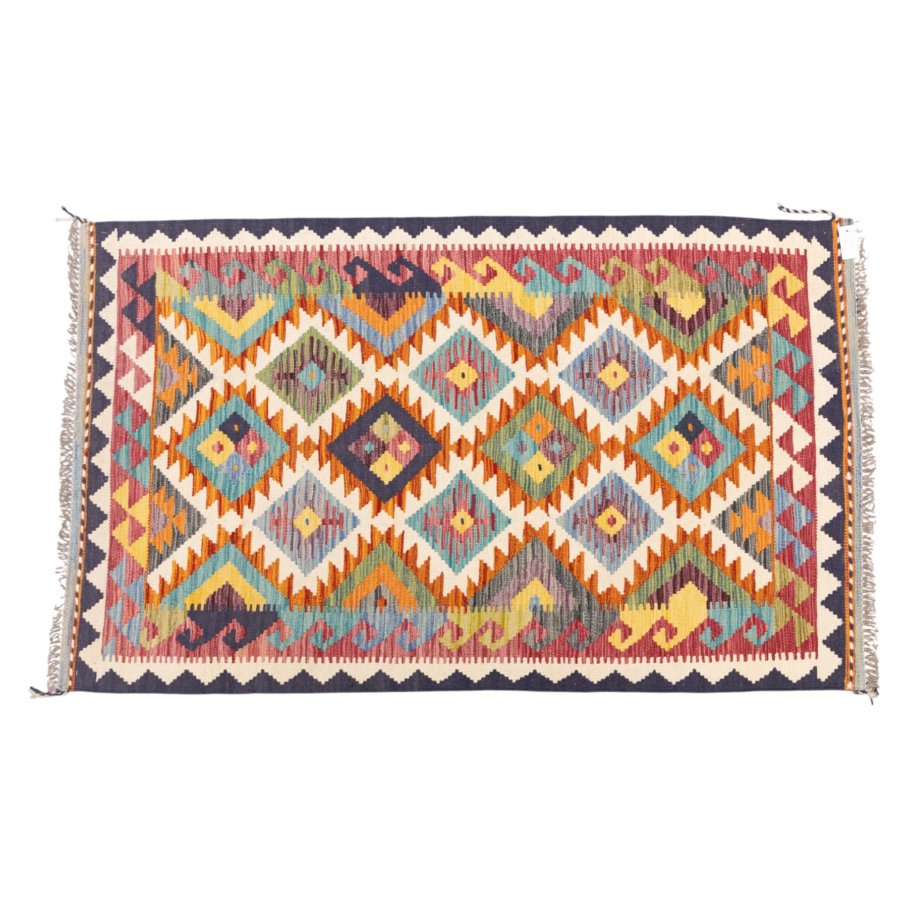 Afghan Chobi flatweave kilim with a repeating stepped diamond medallion design in ivory, green, rust, teal, purple, indigo and framed by chevron and geometric borders