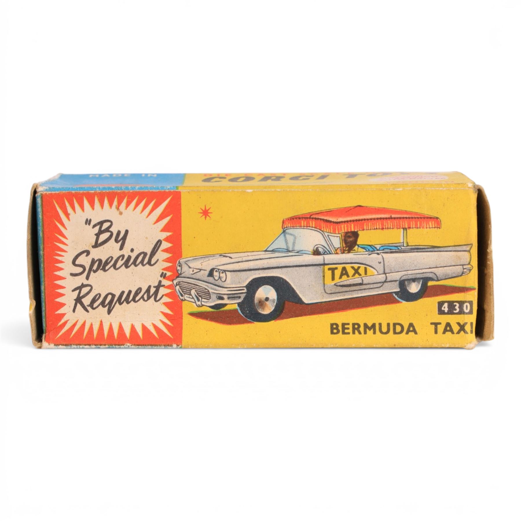 Corgi Toys Ford Thunderbird Bermuda Taxi no. 430, white body with yellow lettering with red and green plastic canopy, boxed