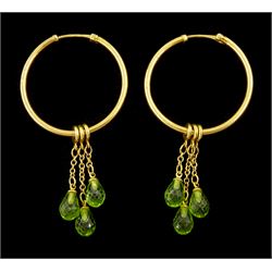 Pair of 18ct gold hoop earrings, with removable peridot pendant drops, London 2004