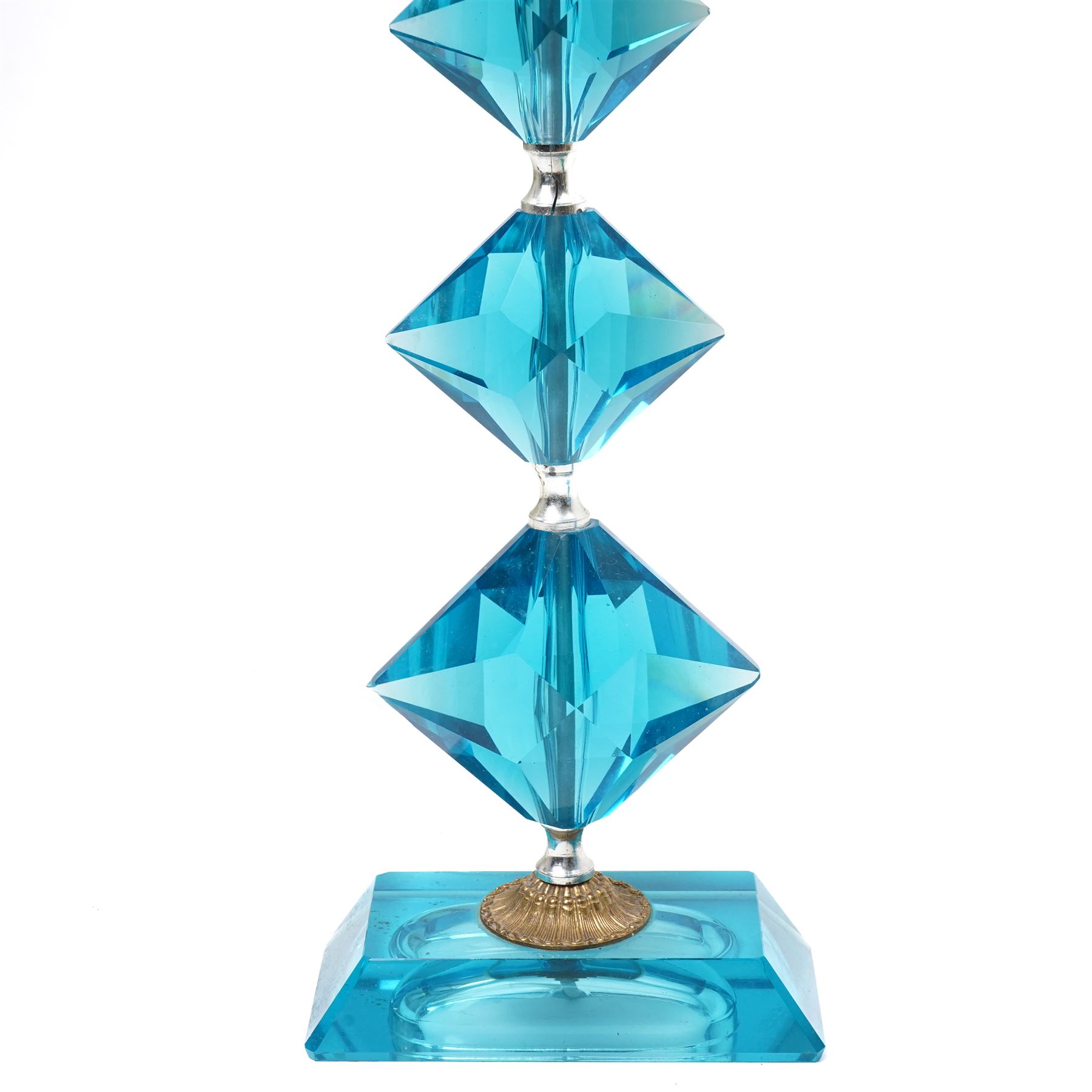 Mid 20th century table lamp formed as three graduated turquoise cut glass diamond shape sections on a rectangular base H46cm excluding fitting and a similar smaller lamp (2)