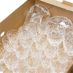Collection of mixed crystal and glassware, to include a 19th century Scottish dram glass, green stem glasses, etc, in three boxes