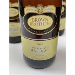 Brown Brothers late harvest Muscat, one bottle 2000, 750ml, 11%vol three bottles 2001, 750ml, 10.5%vol, seven bottles 2002, 750ml, 11%vol,  various contents (11)
