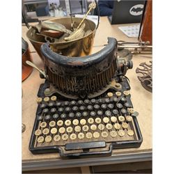 Large copper pan, brass jam pan, balance scales and weights, typewriter, leather suitcase and other metal ware