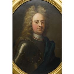 Attrib. Sir Godfrey Kneller (German/British 1646-1723): Portrait of John Churchill - 1st Duke of Marlborough wearing a Suit of Armour and Navy Sash with Full-Bottomed Wig, early 18th century oval oil on canvas unsigned, remains of 19th century sale catalogue verso 74cm x 60cm
Notes: the remains of the sale catalogue from which this was purchased in the 19th century reads: 'KNELLER - The Duke and Duchess of Marlborough - a pair - ovals'. The blue sash is indicative of the Order of the Garter.