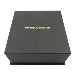 Baume Mercier Hampton gentleman's stainless steel chronograph quartz wristwatch, black dial with date aperture, on black leather strap and original fold-over clasp, boxed with papers