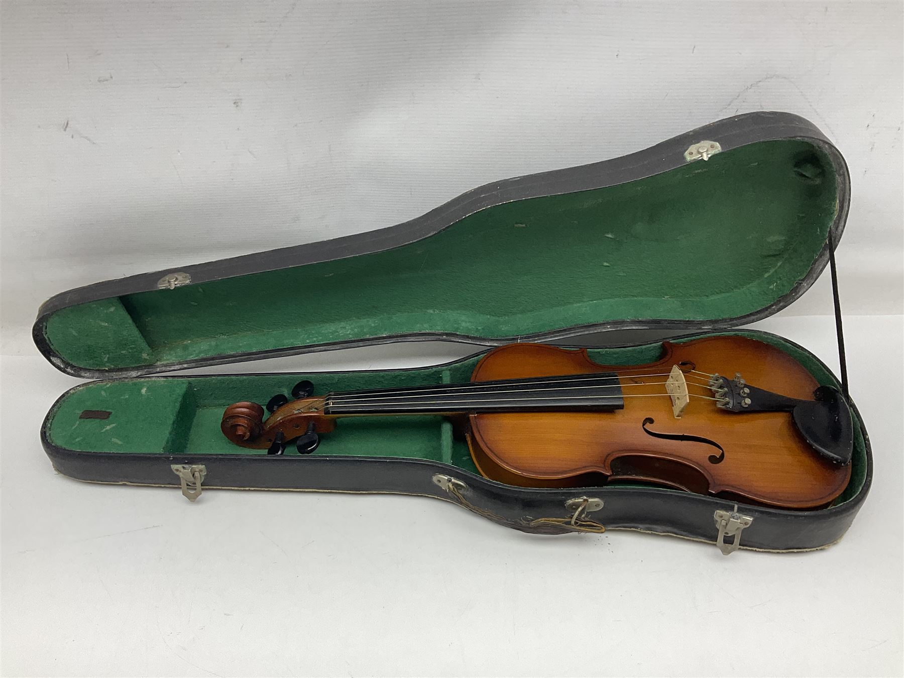 Chinese Parrot violin with 35.5cm two-piece back; L59.5cm in carrying case; and early 20th century German violin for restoration; bears label 'Antonius Stradivarius Faciebat Anno 1730'; cased with bow (2)