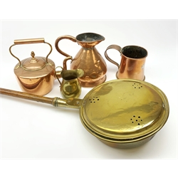A Victorian copper kettle, together with a large copper tankard, H14cm, copper measure, brass bed pan, and small brass jug. 