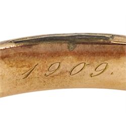 Edwardian 9ct rose gold hinged bangle, with bright cut decoration, Chester 1908