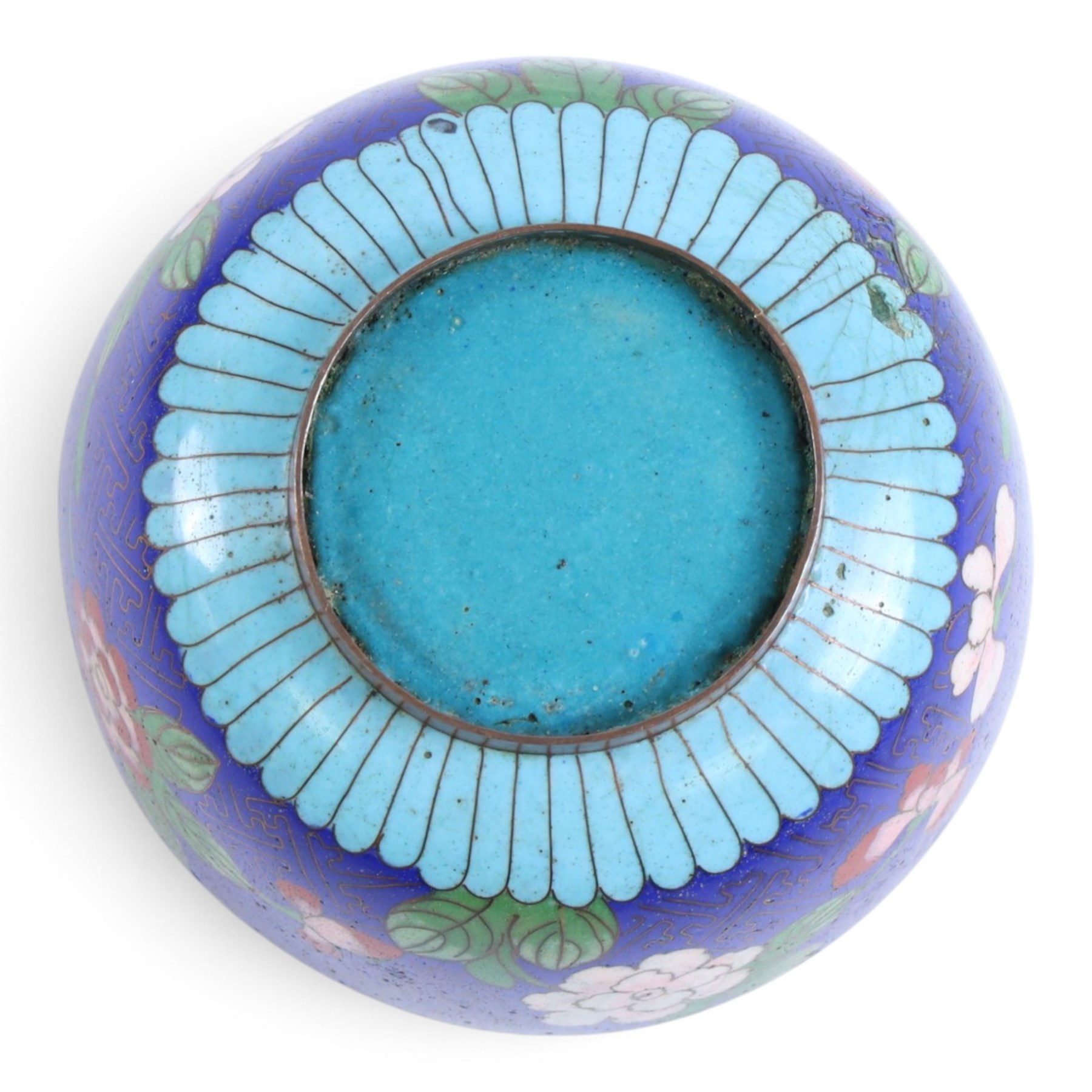 Pair of cloisonne bowls, decorated with flowers upon a blue ground, together with a pair of cloisonne pots, teapot and hot water pot