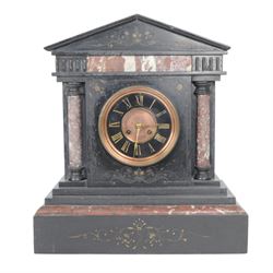 Large Victorian slate and variegated rouge marble architectural mantle clock, with gilded ...
