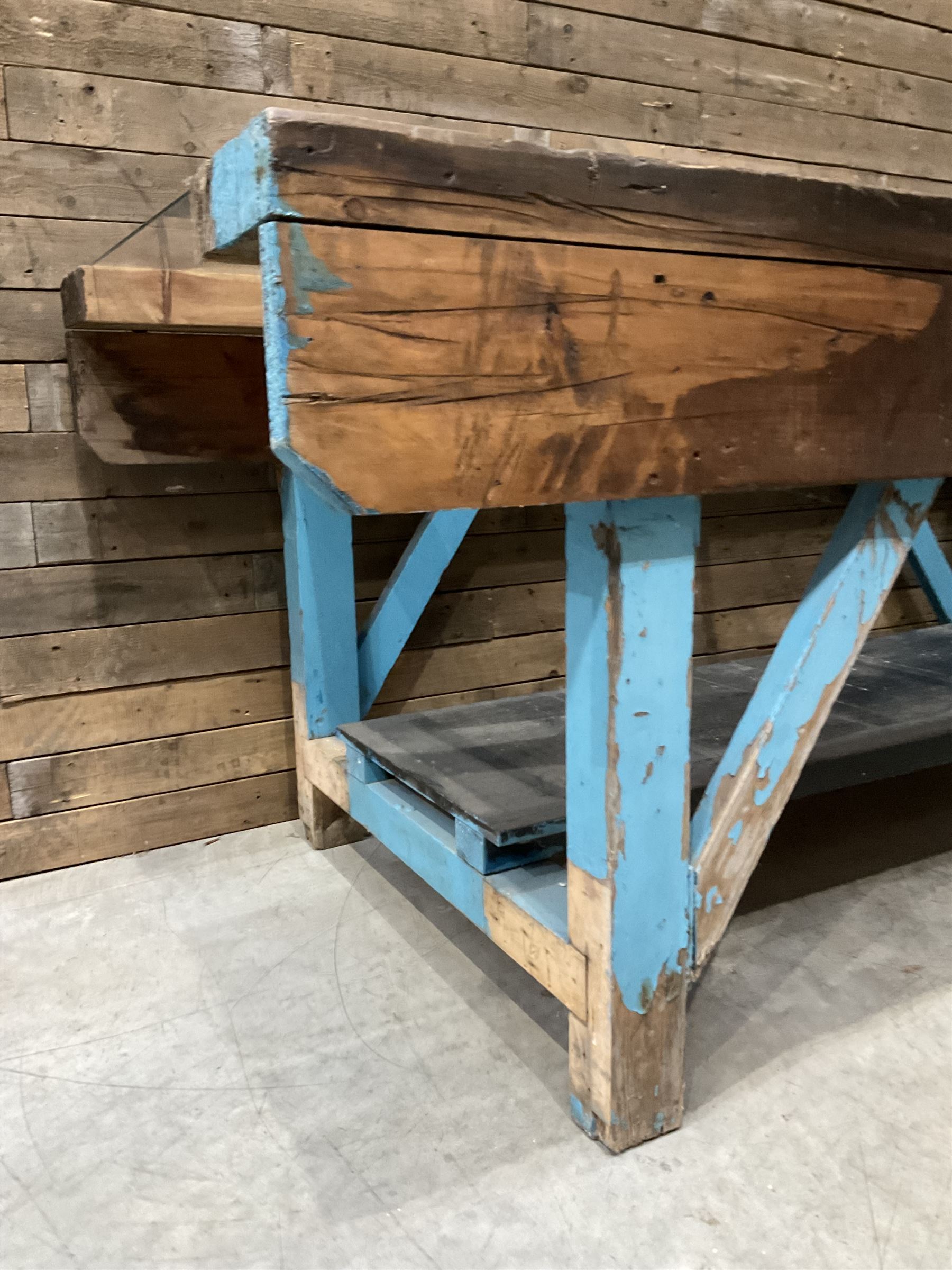 Large timber work bench with central glass section, and two pairs of vintage wooden step ladders (3)