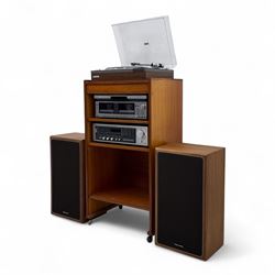 Vintage teak hi-fi cabinet comprising Realistic SCT-90 tape deck, STA 2270 receiver, Optimus 45 stereo speakers, Pioneer PL-1120 turntable,  Panasonic DVD 535 player 