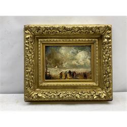 English School (19th century): The Storm with Figures on the Beach, oil on board indistinct incised signature/date? lower right 19cm x 26cm