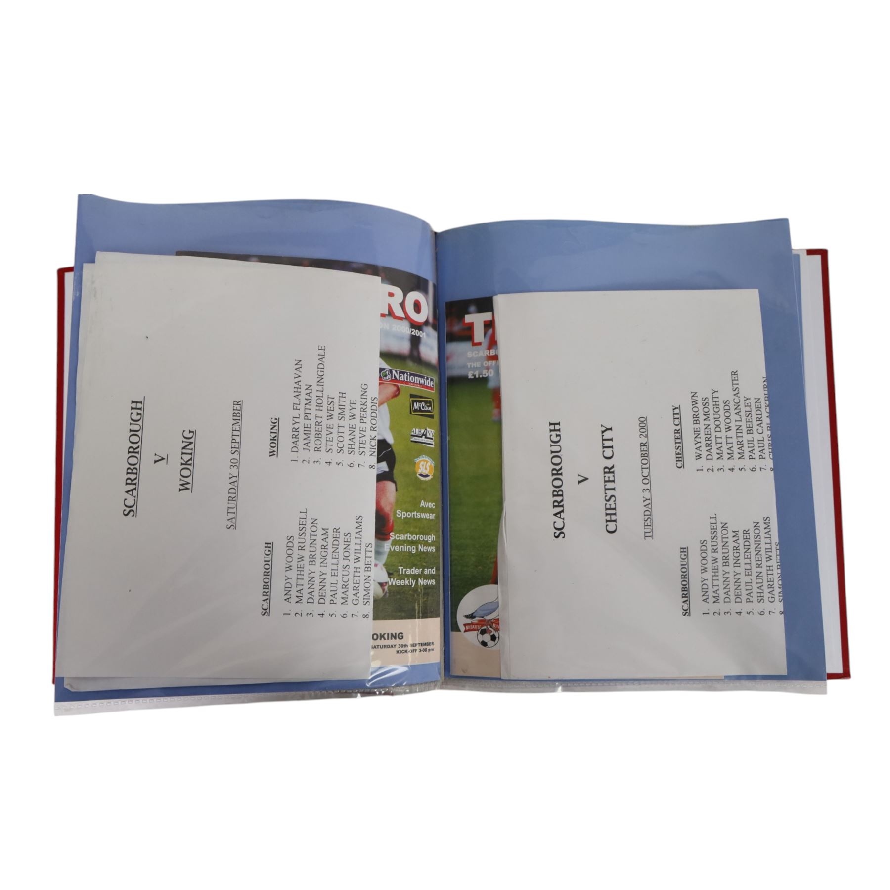 Comprehensive collection of approximately two hundred and twenty Scarborough FC football programmes for the 1999/00, 2000/01, 2001/02 and 2002/03 seasons, all filed within eight dedicated Scarborough FC red Home and Away binders