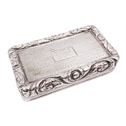 George IV silver snuff box, of rectangular form, with embossed foliate and scrolling rim, engraved cartouche and engine turned decoration to hinged cover, opening to reveal gilt interior, hallmarked John Bettridge, Birmingham 1824, L6.9cm