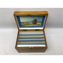 George III satinwood stationery box, of rectangular form, the hinged cover inlaid with shell patera and ebony stringing, opening to reveal a later compartmented interior, H15cm, W22.5cm, D15.5cm
