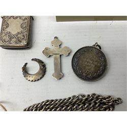9ct gold bar brooch, five silver fobs/medallions, silver whistle, silver vesta case, three silver/plated chains, three silver brooches etc., approximate silver weight 4 ozt (126 grams)