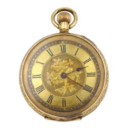 Early 20th century 14ct gold open face ladies keyless cylinder fob watch stamped 14K, No. 7898, gilt dial with Roman numerals, back case with engraved and engine turned decoration and central cartouche, in velvet and silk lined case
