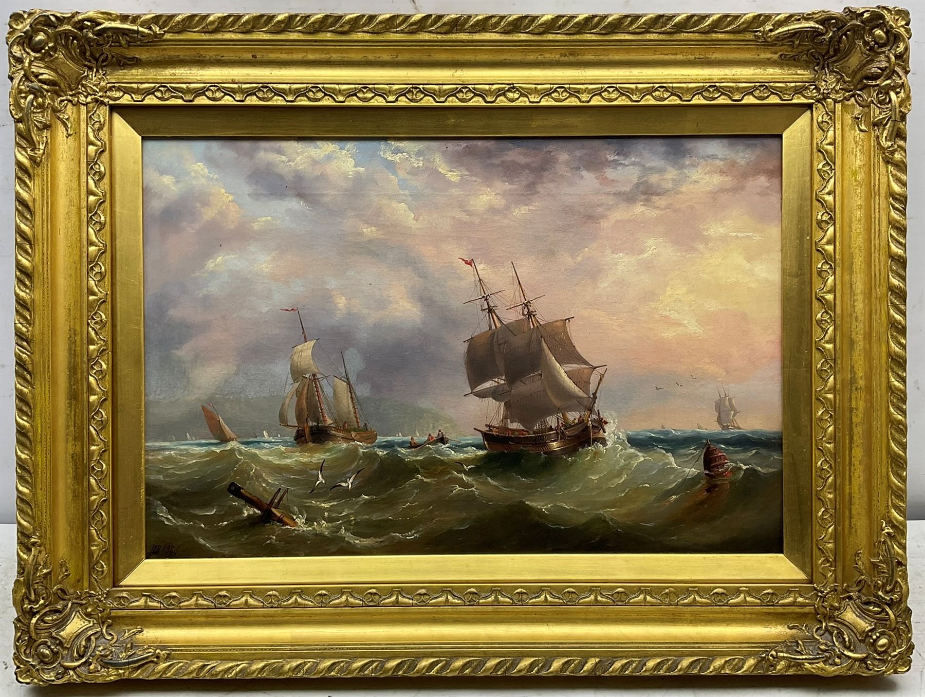 Henry (1820-1887) and Edward King (1860-1941) Redmore: Shipping off the Coast in Choppy Seas, oil on canvas initialled and dated 34cm x 52cm
Notes: a work almost certainly by E K but with areas contributed by his father and signed with a spurious date by the son