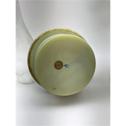 A Victorian oil lamp, with opaque glass reservoir hand painted with flowers beneath a Hinks burner and supporting a globular floral painted opaque glass shade and glass chimney, H47.5cm. 