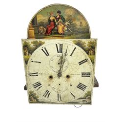T Duncan of Newcastle -  8-day longcase movement with a fully painted dial, Roman numerals and minute track, seconds and calendar dial, with stamped brass hands,  country scenes depicted in the spandrels and a depiction of the unity of England and Scotland to the arch, rack striking movement. No weights, pendulum of bell. Dial 13-1/4