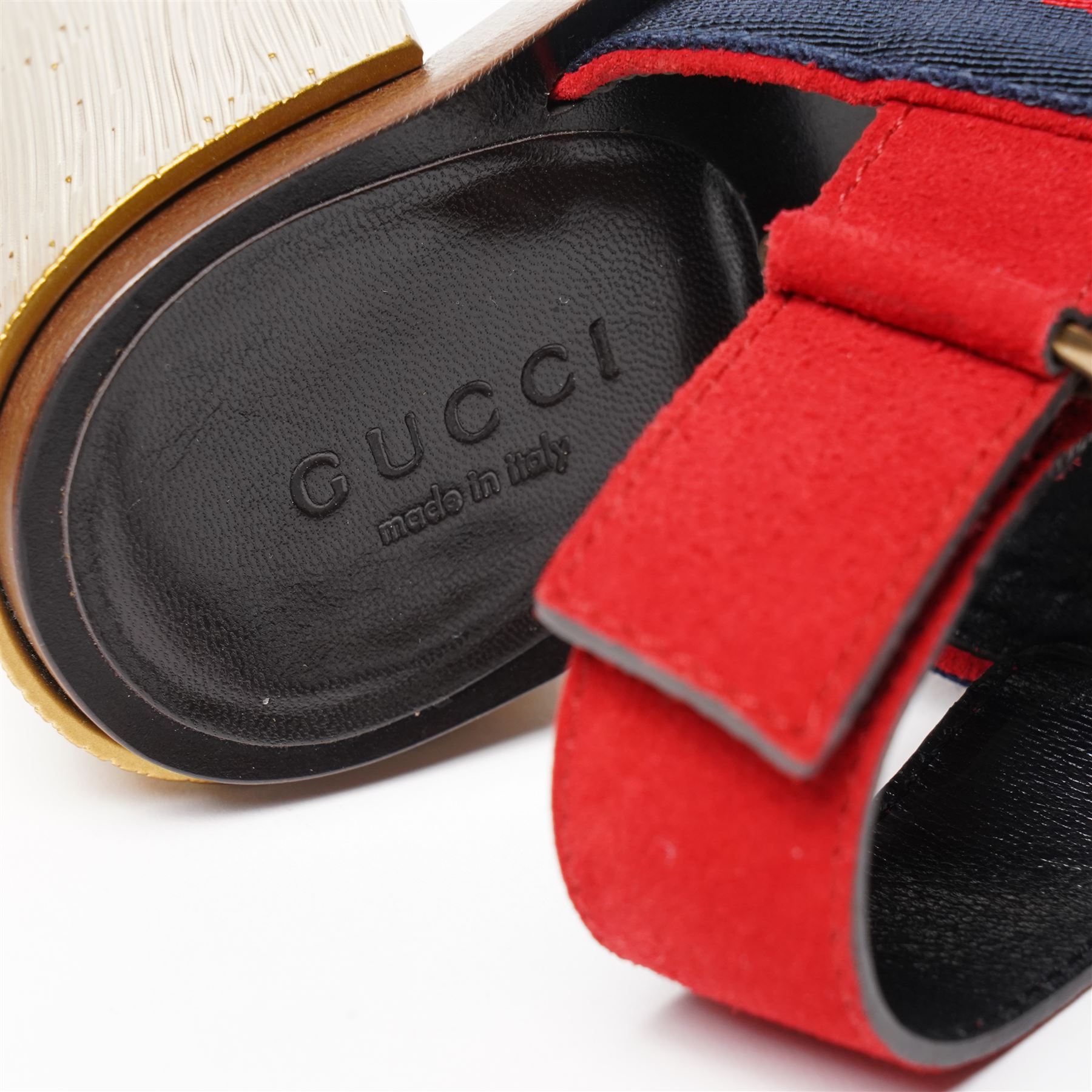 Gucci - pair of heeled sandals, with red suede front straps and indigo and red web stripe ankle straps with gold tone horse-bit detail, on bark-effect gilt block heels, size 36½, unused with original dust bags