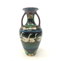  A Foley Intarsio twin handled vase, of ovoid form with waisted neck, decorated with a band of geese between stylised foliate bands, with printed mark to base, shape no 3165, Rd No 330400, H32.5cm.   