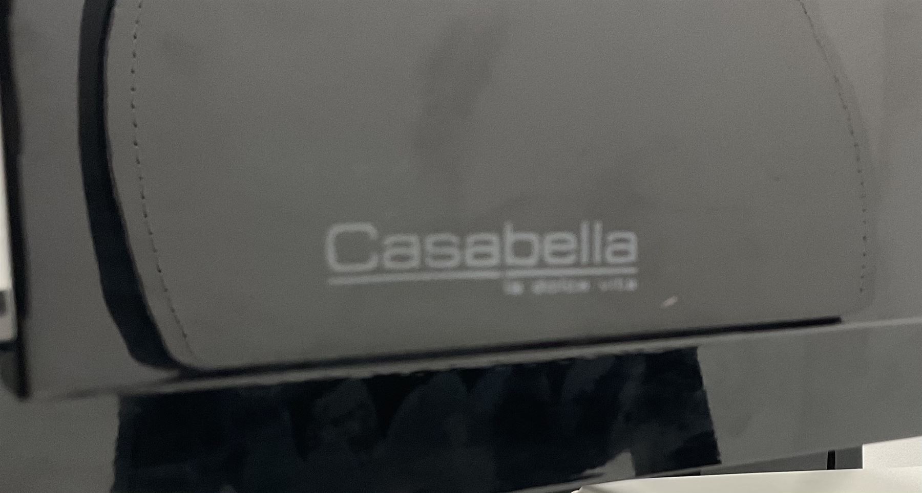 Ponsfords Sheffield Italian black gloss and glass extending dining table, rectangular supports (W220cm & 140cm, H77cm, D90cm) and set six chairs black and white dining chairs (W48cm)