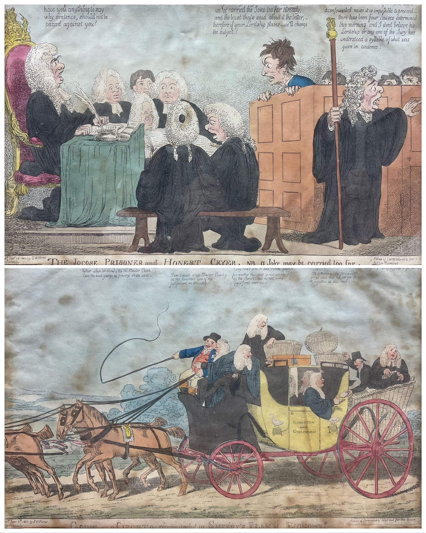 After Isaac Cruikshank (British 1756-1810): 'The Jocose Prisoner & Honest Cryer NB a Joke May be Carried Too Far' and 'Going on a Circuit as Recommended in Sherry's Plan of Economy', pair engravings with hand colouring pub. 1801 & 1803, branded stamps for the Home Brewery, Nottinghamshire verso 25cm x 37cm (2) 
Notes: Home Brewery Co. Ltd, Mansfield Road, Daybrook, Nottinghamshire, registered in August 1890 to acquire a business formerly owned by John Robinson. Acquired by Scottish & Newcastle Breweries Ltd in July 1986 with 447 public houses; brewery closed by Scottish Courage in 1996.