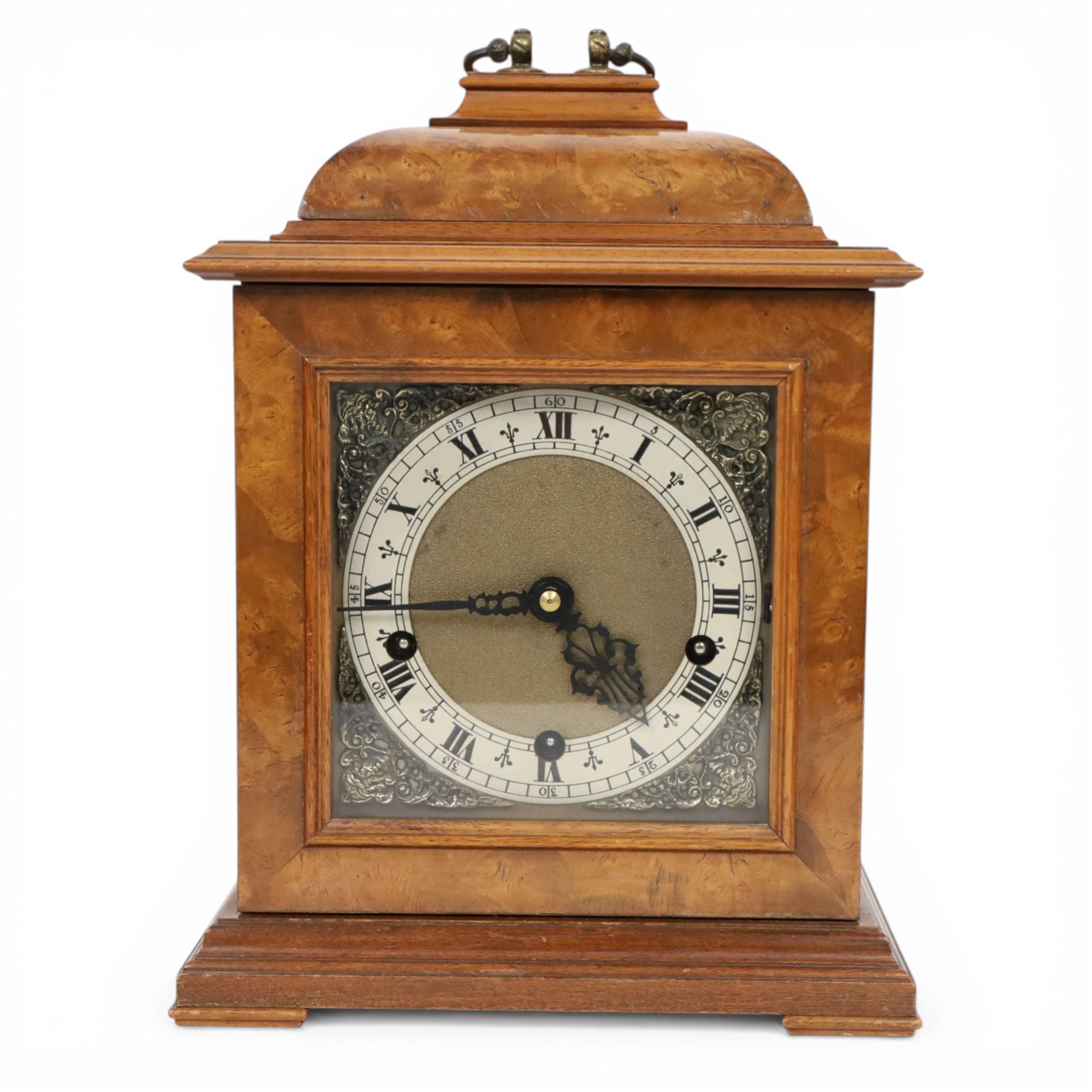  English burr walnut cased eight day chime bracket clock, with brass knopped carrying handle, with white chapter ring dial surrounded by four brass spandrels,  H30cm