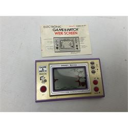 Collection of retro handheld games, including Nintendo Game & Watch ‘Snoopy Tennis’ (1982) and ‘Squish’ (1986) both with instruction booklets, Casio CG-600 ‘Star Invader’ with box, 3 in 1 LCD cartridge game including ‘Soccer’, ‘Invader’ and ‘Bomb Finder’ games, and two Grandstand ‘Pinball Wizard’ (1988) games, both with original boxes