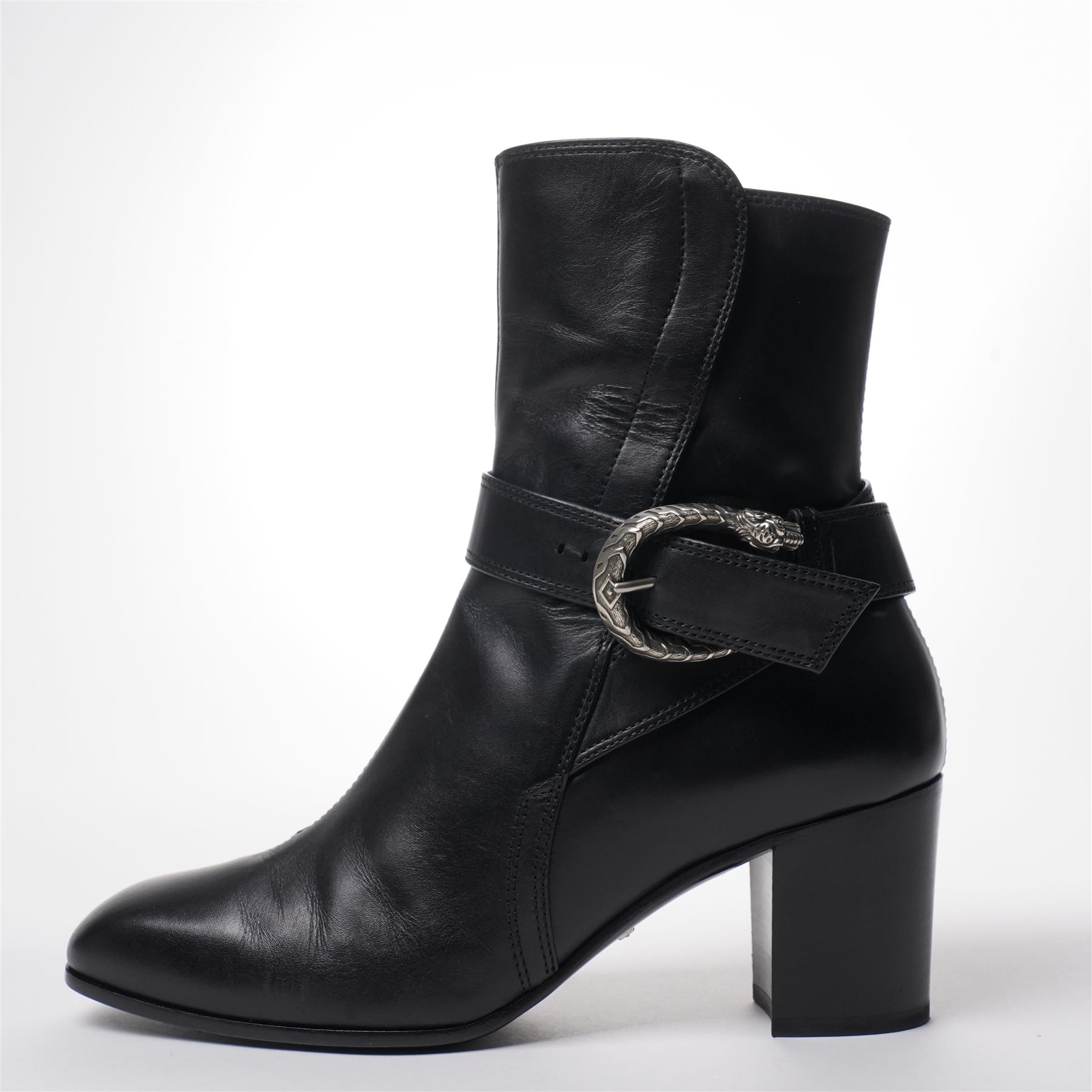 Gucci - pair of Dionysus ankle black leather boots with block heels, with signature silver tone tiger head buckle fastening and full length zip, size 37½, total boot height 24cm, with original box and dust bags