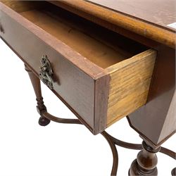 Georgian design mahogany lowboy, fitted with single cock-beaded drawer over double-arched apron, raised on turned supports united by shaped X-stretcher