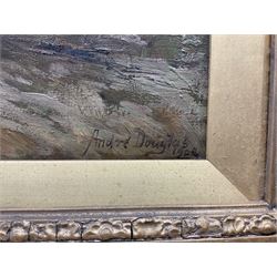 Andrew Douglas RSA (Scottish 1870-1935): Milking Time, oil on canvas signed 'André Douglas' and dated 1902, 26cm x 37cm