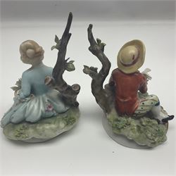 Pair of Capodimonte figures, a young girl picking grapes, and a boy warming hands on a fire, together two Royal Worcester figures, Feeding Henrietta and Pick of the litter and five other figures 